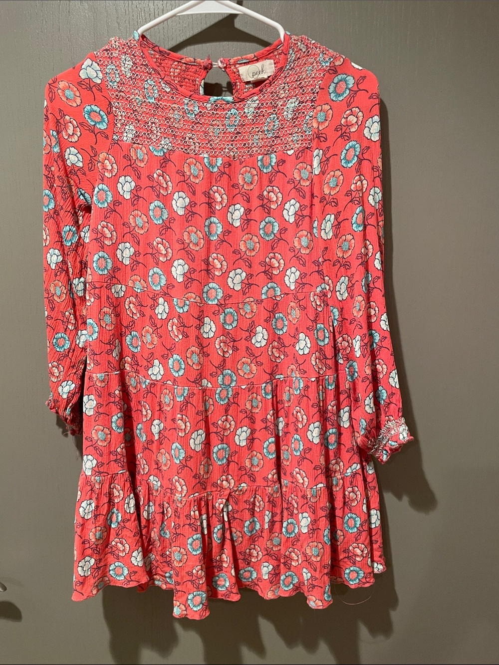 Cute Peek Coral Girls Floral Dress W/Lining And Aqua Accents